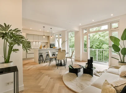 Intérieur moderne et lumineux avec salon, cuisine ouverte, parquet en chevrons et balcon verdoyant à Argy près de Châteauroux dans l'Indre 36